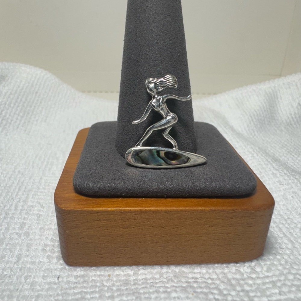 Surfer Girl Sterling Silver Pendant Abalone Inlay Surfboard NWOT Coastal Chic
